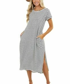 Umgee Off White And Navy Striped Dress With Side Pocket Details
