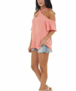 143 Story Tops Coral Cold Shoulder Blouse With Criss Cross Halter Neck