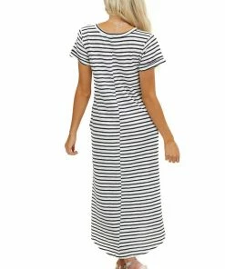 Umgee Off White And Navy Striped Dress With Side Pocket Details