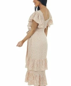 Entro Rose Taupe Gingham Ruffle Tiered Maxi Dress