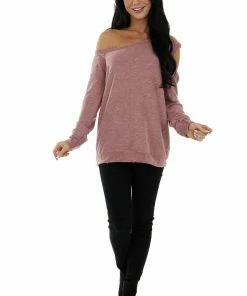 BiBi Tops Marsala Distressed Terry Knit Cold Shoulder Top