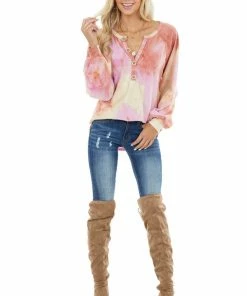 BiBi Dark Coral Tie Dye Knit Top With Long Bubble Sleeves Tops