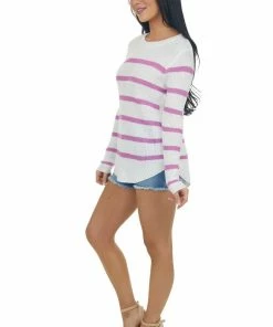 Staccato Tops White And Fuchsia Striped Lightweight Sweater 11 Staccato Tops White And Fuchsia Striped Lightweight Sweater