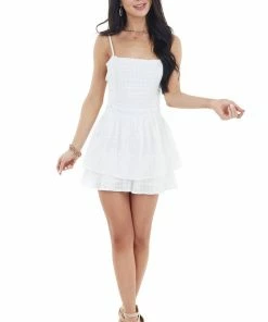 Main Strip Off White Ruffled Romper With Adjustable Spaghetti Straps Dresses