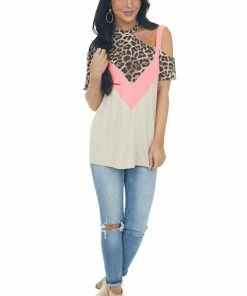 143 Story Beige And Neon Pink Leopard Print Top Tops