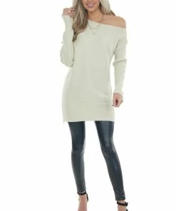 143 Story Cream Ribbed Knit Asymmetrical Boat Neck Top Tops