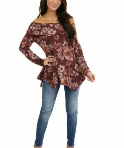 Kye Mi Wine Floral Print Long Sleeve Top With Folded Off Shoulder Tops