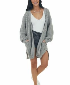Fantastic Fawn Tops Steel Grey Side Pocket Pointelle Cardigan