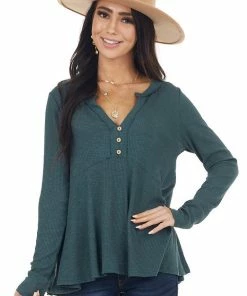 Peach Love Tops Hunter Green Notch Neck Babydoll Knit Top With Button Detail