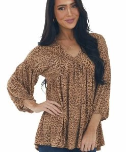 IWT Brands Copper Leopard Print V Neck Babydoll Knit Top Tops
