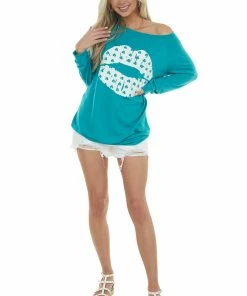 BiBi Pine Green Shamrock Lip Graphic Knit Top 26 BiBi Pine Green Shamrock Lip Graphic Knit Top
