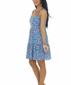 Umgee Royal Blue Floral Print Sleeveless Short Dress
