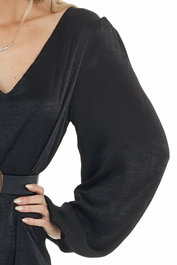 Caramela Black Satin Relaxed Fit Dress With Long Bubble Sleeves Dresses 12 Caramela Black Satin Relaxed Fit Dress With Long Bubble Sleeves Dresses