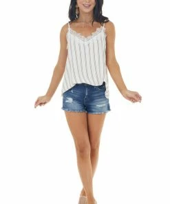 J.NNA Ivory Striped Woven Camisole With Lace Trimmed V Neckline Tops 30 J.NNA Ivory Striped Woven Camisole With Lace Trimmed V Neckline Tops