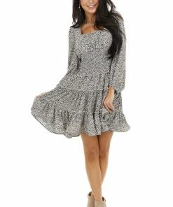 Bighit Fashion Black Floral Print Tiered Woven Dress With Smocked Waist