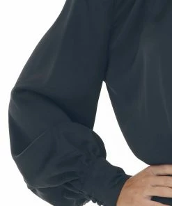 She + Sky Black Button Cuff Long Sleeve Textured Blouse