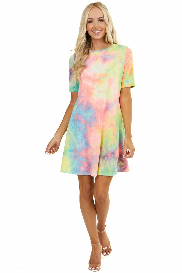 Lime 'N' Chili Multicolor Tie Dye Short Sleeve Dress With Side Pockets 15 Lime 'N' Chili Multicolor Tie Dye Short Sleeve Dress With Side Pockets