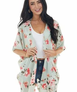 Lovely Melody Tops Pale Mint Floral Open Front Kimono With Back Cut Out Detail 26 Lovely Melody Tops Pale Mint Floral Open Front Kimono With Back Cut Out Detail