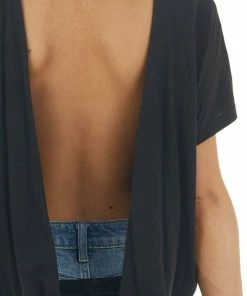 Mono B Tops Black Short Sleeve Backless Knit Top With Banded Hem