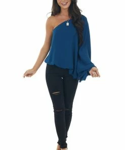 Main Strip Ocean One Shoulder Elastic Hem Flowy Blouse