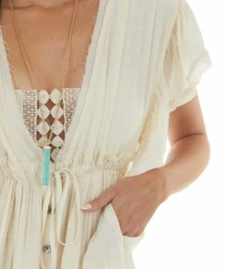 Peach Love Dresses Cream Button Front Plunging V Neck Maxi Dress