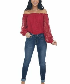 SugarFox Crimson Off Shoulder Long Bubble Sleeve Lace Top