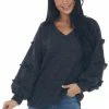 143 Story Charcoal Ribbed Knit Top With Ruffle Puff Sleeves Tops