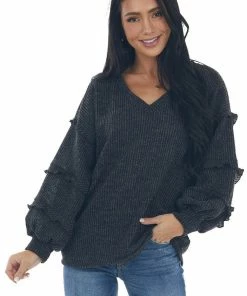 143 Story Charcoal Ribbed Knit Top With Ruffle Puff Sleeves Tops