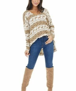 Lovely J Camel And Ivory Holiday Print Oversized Long Sleeve Top 30 Lovely J Camel And Ivory Holiday Print Oversized Long Sleeve Top