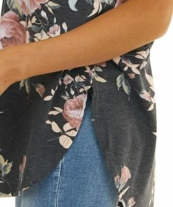 BOMBOM Tops Charcoal Floral Print Short Sleeve Top With Rounded Hemline 33 BOMBOM Tops Charcoal Floral Print Short Sleeve Top With Rounded Hemline