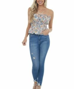Entro Lavender Floral Print Ruffled Strapless Top Tops