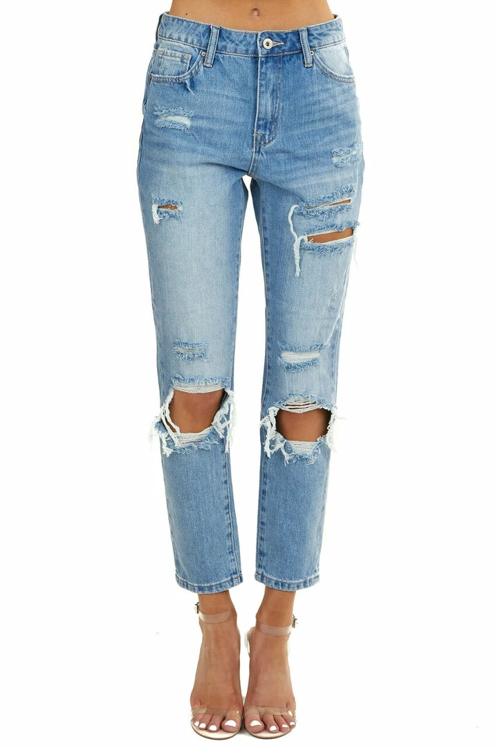 Special A Mid Wash High Rise Ankle Cut Distressed Straight Leg Jeans 8 Special A Mid Wash High Rise Ankle Cut Distressed Straight Leg Jeans