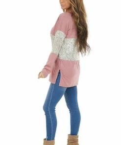 BiBi Mauve Sequined Colorblock Long Sleeve Top With Side Slits Tops