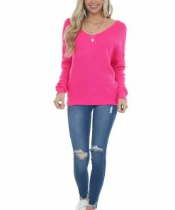 Lime Lush Hot Pink Twist Back Thick Ribbed Knit Sweater Tops 32 Lime Lush Hot Pink Twist Back Thick Ribbed Knit Sweater Tops