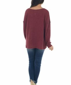 BiBi Wine Loose Waffle Knit Chest Pocket Top