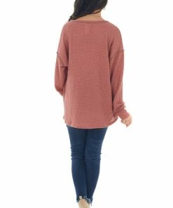 BiBi Hazy Coral Loose Waffle Knit Chest Pocket Top 28 BiBi Hazy Coral Loose Waffle Knit Chest Pocket Top