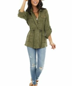C'est Toi Olive Long Sleeve Jacket With Front Pocket Details