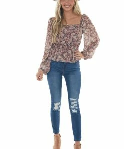 Peach Love Cinnamon Floral Square Neck Smocked Peplum Top Tops