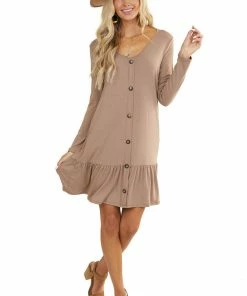 FSL APPAREL Mocha Ruffle Hem Dress With Buttons And Pockets Dresses 27 FSL APPAREL Mocha Ruffle Hem Dress With Buttons And Pockets Dresses