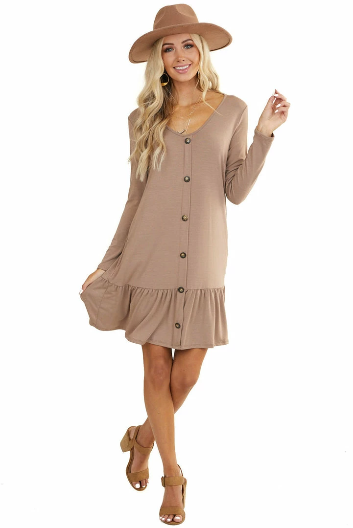 FSL APPAREL Mocha Ruffle Hem Dress With Buttons And Pockets Dresses 12 FSL APPAREL Mocha Ruffle Hem Dress With Buttons And Pockets Dresses