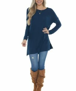 ZENANA Navy Blue Tunic Length Brushed Waffle Knit Top Tops