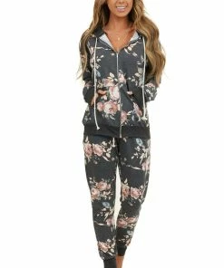 7th Ray Charcoal Floral Print Jogger Sweatpants With Pocket Details