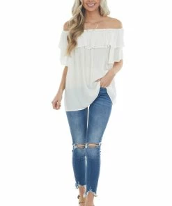 143 Story Tops Ivory Off The Shoulder Metallic Thread Blouse