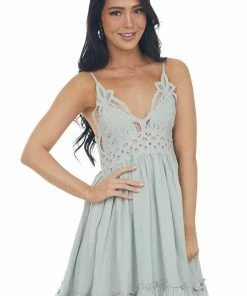 Sweet Lemon Faded Mint Sleeveless Dress With Lace Detail