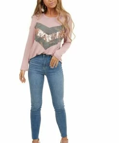 American Chic Dusty Blush Long Sleeve Top With Sequin And Camo Details