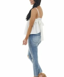 Lush Clothing Tops Off White Textured Woven V Neck Cami With Back Tie Bow