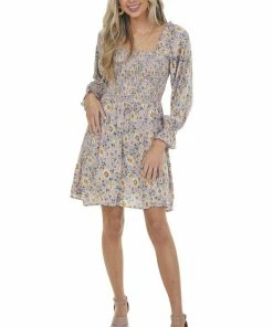 ANGIE Lavender Floral Print Smocked Short Dress