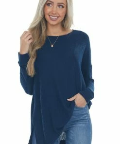 ZENANA Navy Blue Tunic Length Brushed Waffle Knit Top Tops