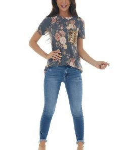 Lovely Melody Stormy Blue Floral Top With Gold Sequin Pocket