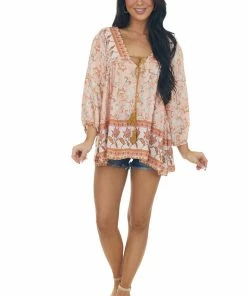 Davi & Dani Tea Rose Floral Blouse With Tassel Detail Tops